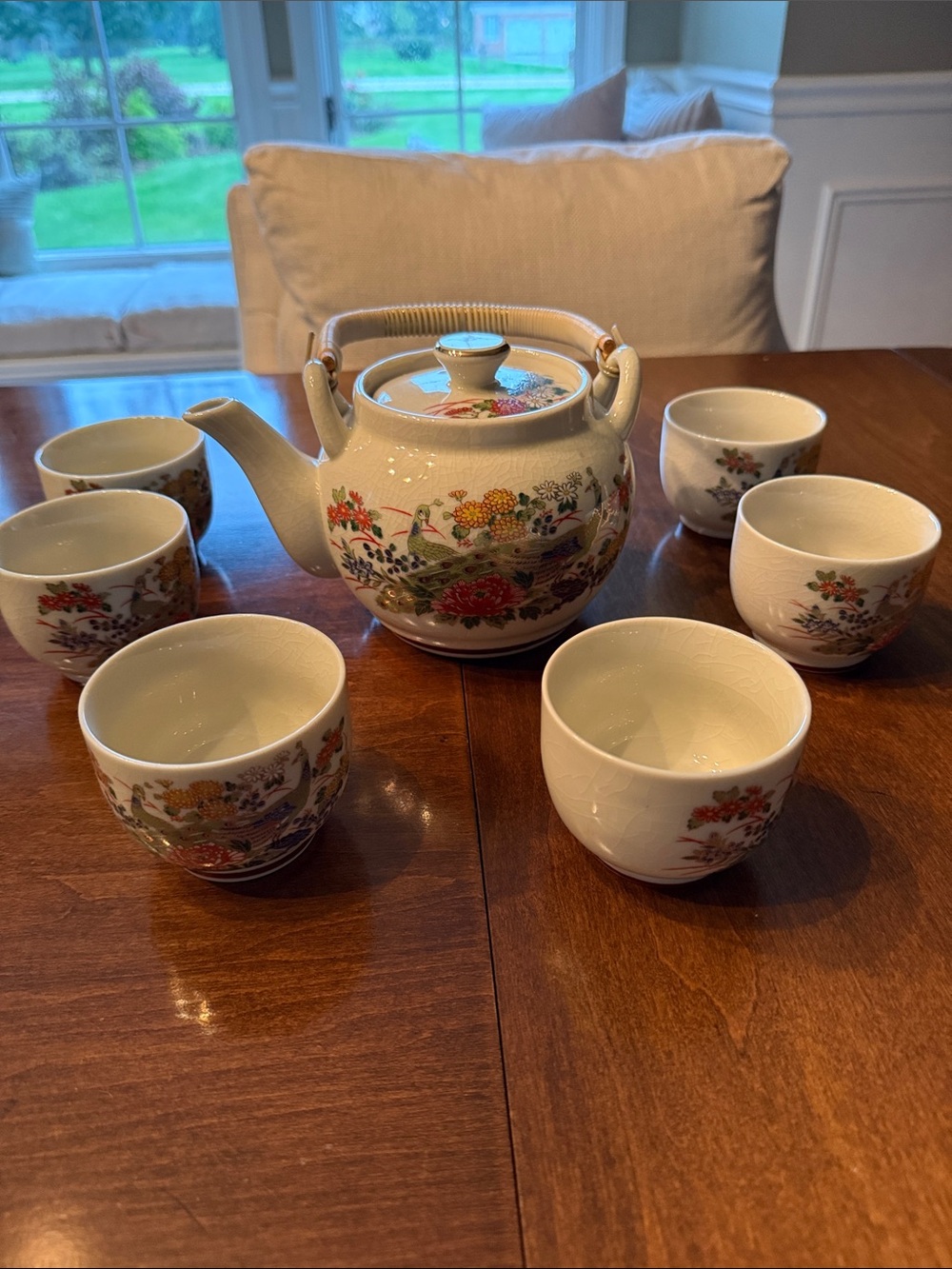 Japanese Porcelain Floral Teapot and Cup Set - Cream with Floral Design